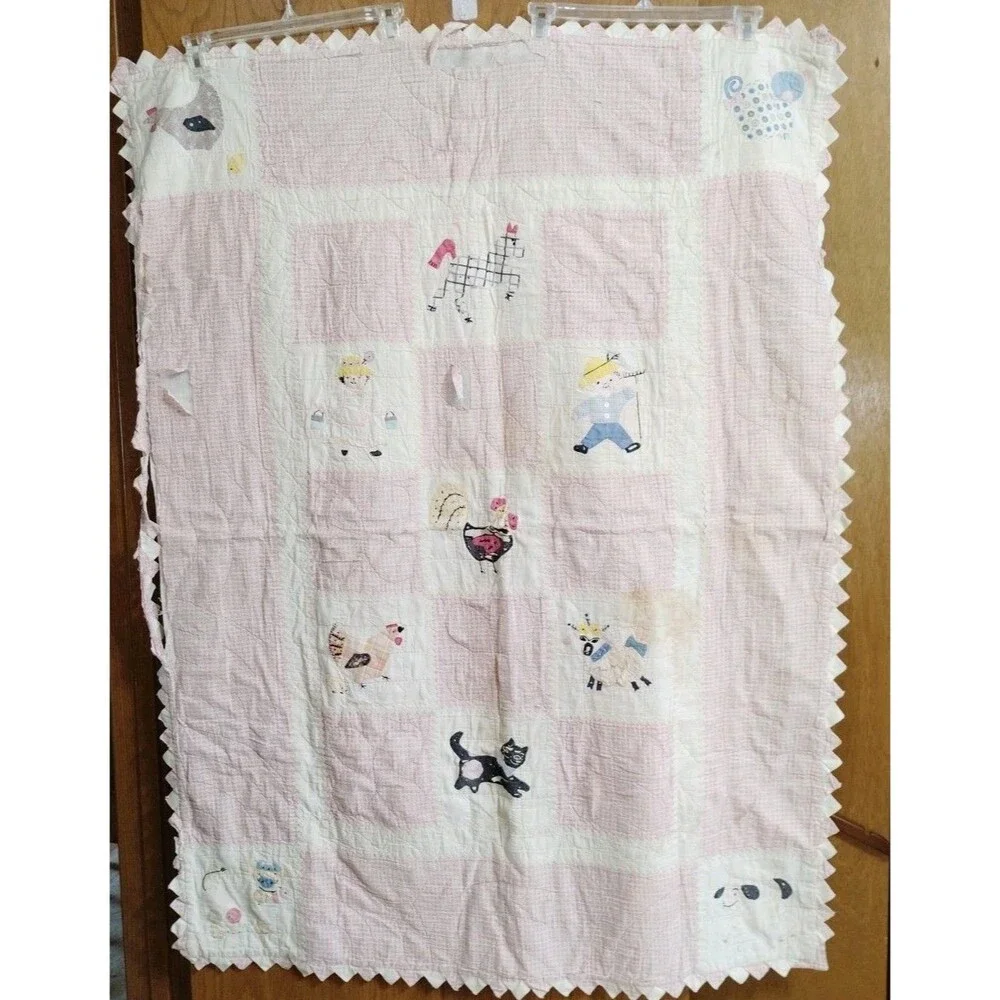 Vintage Hand Stitched Quilt Baby Blanket Farm Handmade 39